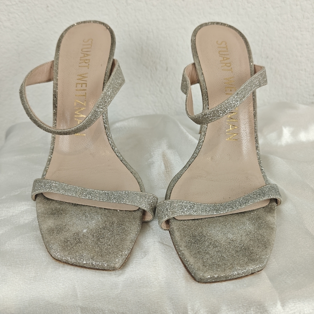 Stuart Weitzman Aleena 75 Silver Glitter Sandal Heels, Size 6 Womens - Picture 6 of 11
